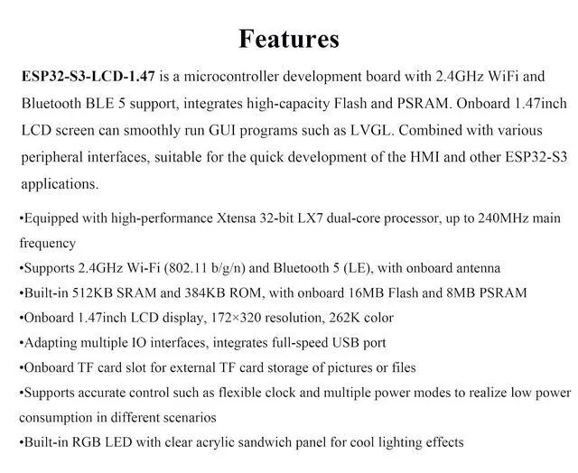 Alt view image 3 of 7 - ESP32-S3 1.47inch Display Development Board, 172×320 Pixels, 262K Color, Dual-Co