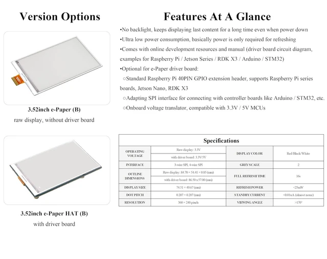 Alt view image 4 of 7 - 3.52inch E-Paper Display Compatible with Raspberry Pi 5/4B/3B+/Zero/Zero W/Zero