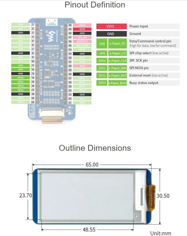 Alt view image 7 of 7 - 2.13inch E-Paper Display Module for Raspberry Pi Pico, 250x122 Pixe E-Ink Screen