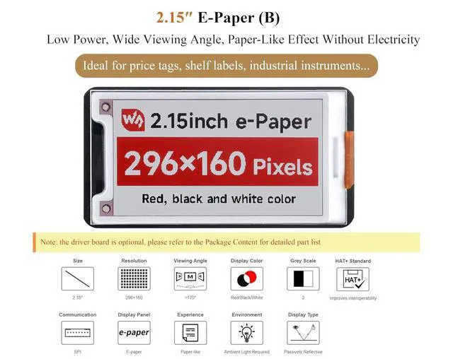 Alt view image 2 of 7 - 2.15inch E-Paper Display (B) Compatible with Raspberry Pi 5/4B/3B+/Zero/Zero W/Z