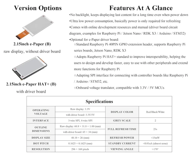 Alt view image 3 of 7 - 2.15inch E-Paper Display (B) Compatible with Raspberry Pi 5/4B/3B+/Zero/Zero W/Z