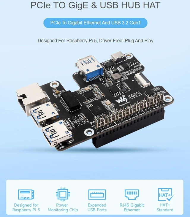 Alt view image 2 of 7 - PCIe to Gigabit Ethernet and USB 3.2 Gen1 HAT for Raspberry Pi 5, PCIe to GigE &