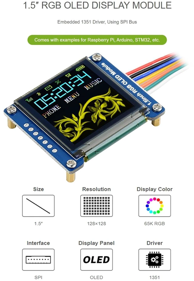 Alt view image 2 of 7 - 1.5inch RGB OLED Display Module 128×128 Pixels, 65K RGB Display Colors, SPI Inte