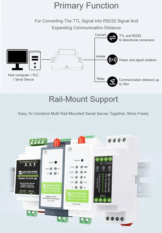 Alt view image 2 of 7 - TTL to RS232 Converter Rail-Mount Galvanic Serial Adapter, TTL/RS232 Standard Co