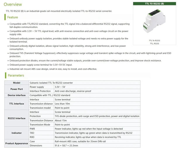 Alt view image 3 of 7 - TTL to RS232 Converter Rail-Mount Galvanic Serial Adapter, TTL/RS232 Standard Co