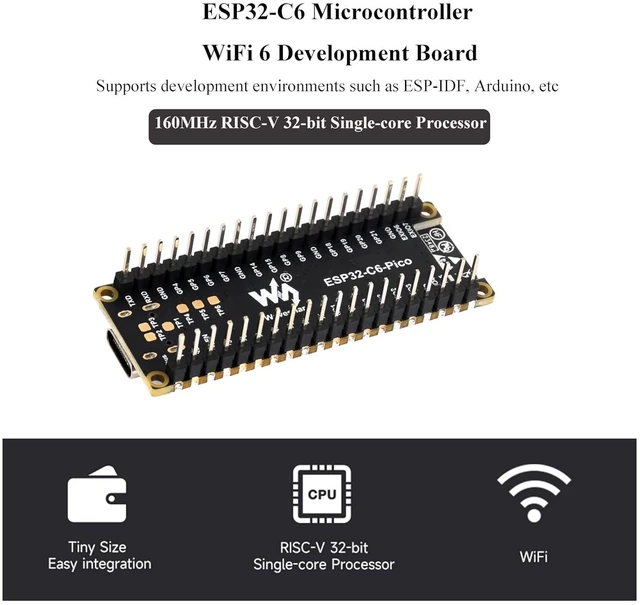 Alt view image 2 of 7 - ESP32-C6 Microcontroller with Pre-soldered Header W-i-F-i 6 Development Board, A