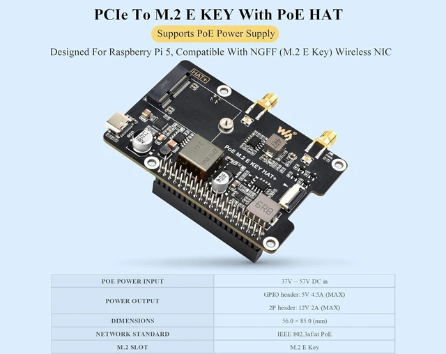 Alt view image 3 of 7 - Pi5 PCIe to M.2 E Key Adapter with PoE Function Compatible with Raspberry Pi 5,