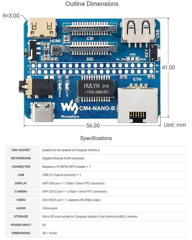 Alt view image 4 of 7 - Nano Base Board (B) for Compute Module 4 Lite/eMMC,with Raspberry Pi 40PIN GPIO