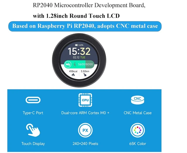Alt view image 3 of 7 - RP2040 MCU Board Onboard 1.28inch Round Touch LCD with CNC Metal Case, 240×240 P