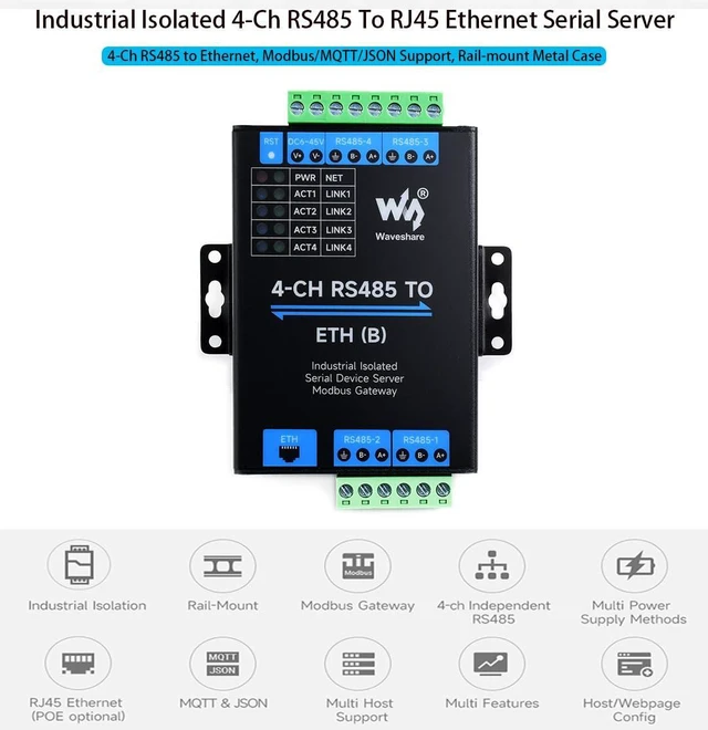 Alt view image 2 of 7 - Waveshare 4-Ch RS485 to RJ45 Ethernet Serial Server, 4 Channels RS485 Independen