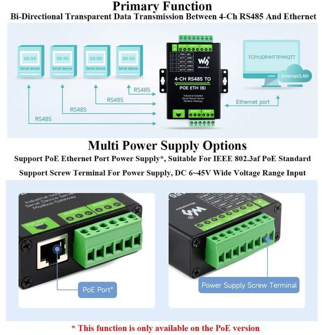 Alt view image 4 of 7 - 4-Ch RS485 to RJ45 Ethernet Serial Server with PoE Function, 4 Channels RS485 In