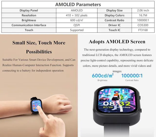Alt view image 3 of 7 - ESP32-S3 2.06inch AMOLED Touch Watch Dev, AI Speech Interaction