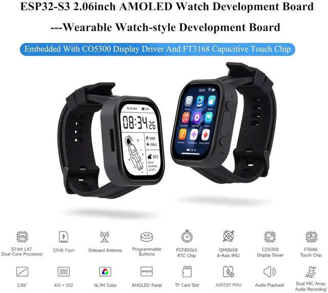 Alt view image 2 of 7 - ESP32-S3 2.06inch AMOLED Touch Watch Dev, AI Speech Interaction