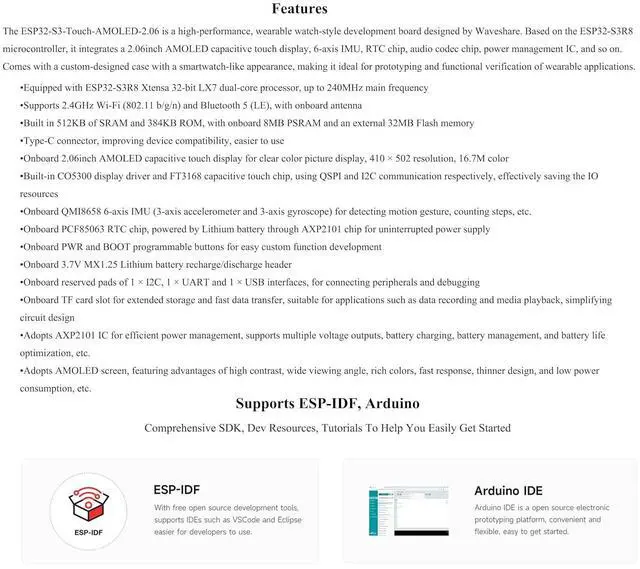Alt view image 6 of 7 - ESP32-S3 2.06inch AMOLED Touch Watch Dev, AI Speech Interaction