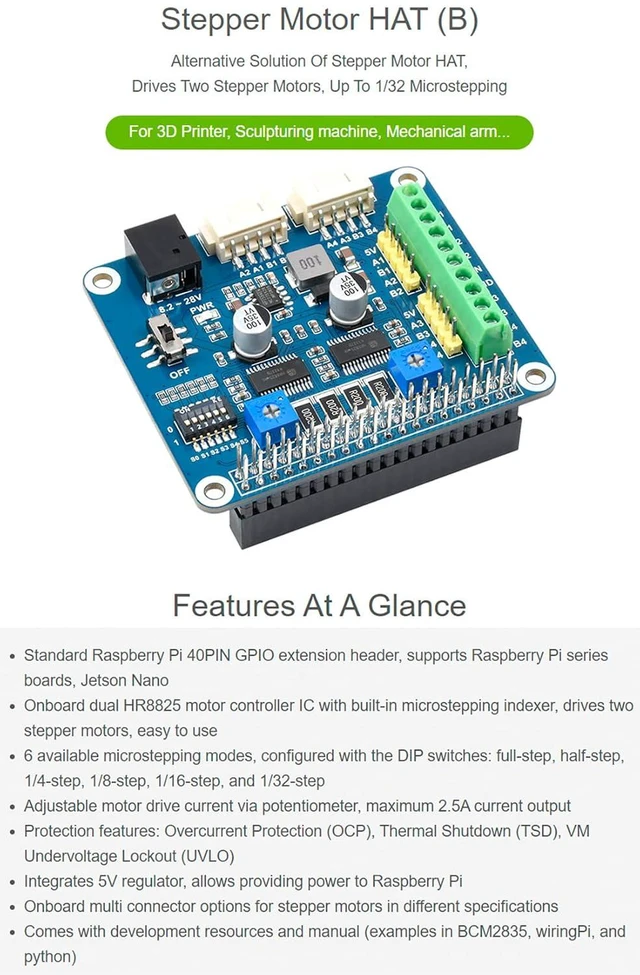 Alt view image 2 of 7 - HRB8825 Stepper Motor HAT for Raspberry Pi and Jetson Nano, Drives Two Stepper M