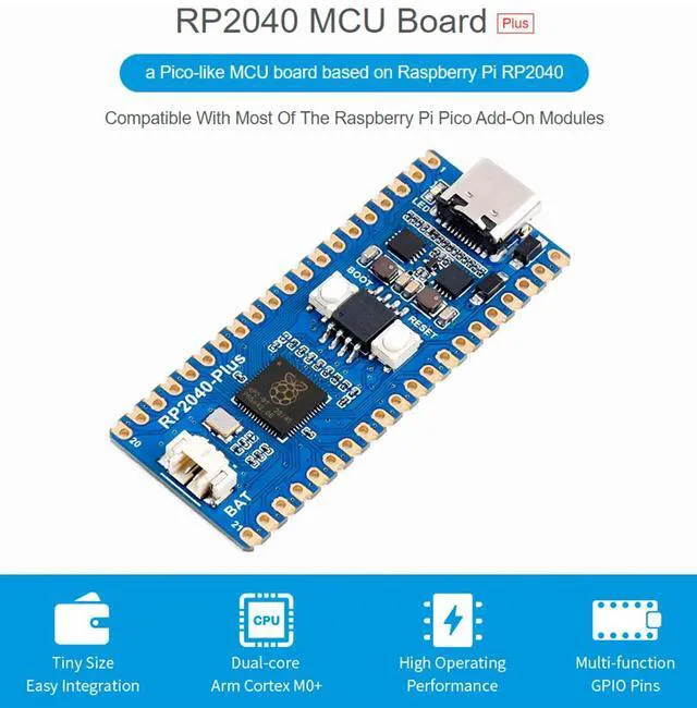 Alt view image 2 of 7 - RP2040-Plus Board with Pre-Soldered Header, Cortex M0+ Processor Onboard 4MB Fla