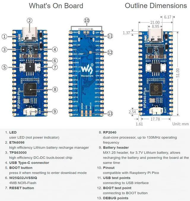 Alt view image 6 of 7 - RP2040-Plus Board with Pre-Soldered Header, Cortex M0+ Processor Onboard 4MB Fla