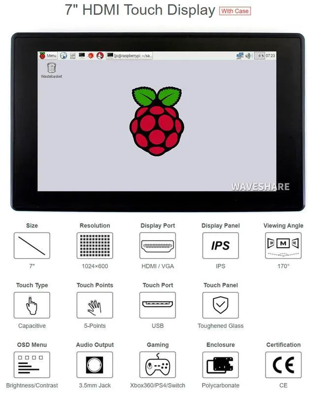 Alt view image 2 of 7 - 7" IPS Display LCD Capacitive Touch Screen Monitor 1024x600 Resolution HDMI/VGA
