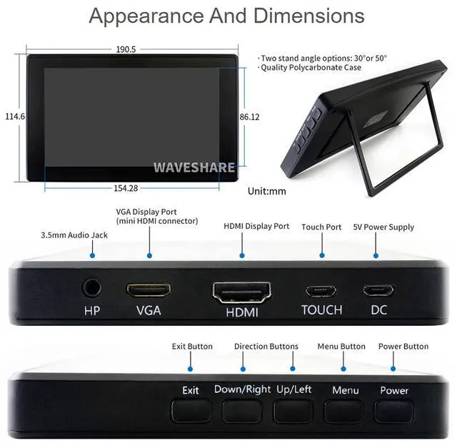 Alt view image 7 of 7 - 7" IPS Display LCD Capacitive Touch Screen Monitor 1024x600 Resolution HDMI/VGA