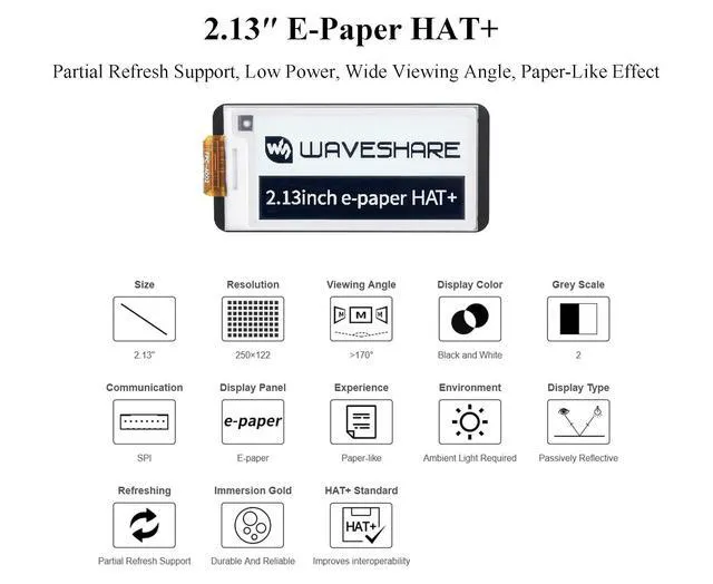 Alt view image 2 of 7 - 2.13inch E-Paper HAT+ for Raspberry Pi 5 4B 3B+ 3B Zero W Zero 2 W Jetson Nano,
