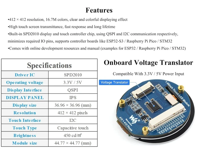 Alt view image 4 of 6 - 1.46inch Touch LCD Display Module, SPD2010 Driver Chip,412×412, 16.7M Color