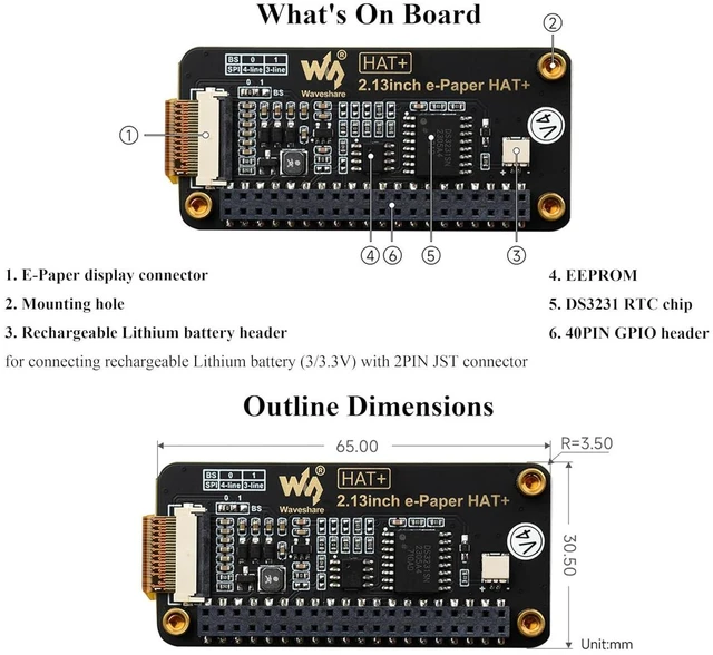 Alt view image 7 of 7 - 2.13inch E-Paper HAT+ for Raspberry Pi 5 4B 3B+ 3B Zero W Zero 2 W Jetson Nano,
