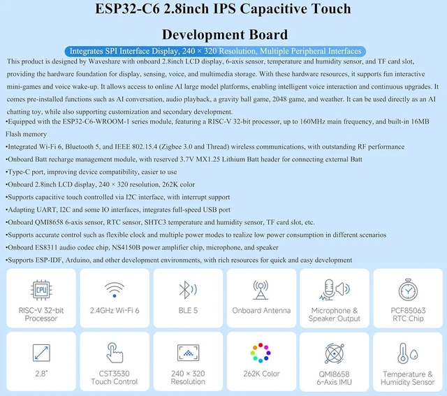 Alt view image 3 of 7 - ESP32-C6 2.8inch IPS Capacitive Touch Display Dev Board, 240×320, with Batt