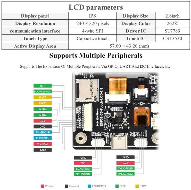 Alt view image 6 of 7 - ESP32-C5 2.8inch IPS Capacitive Touch Display Dev Board, 240×320, with Batt