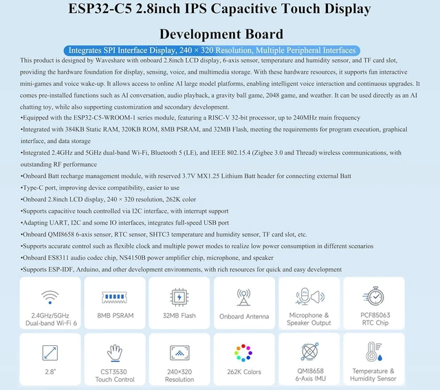 Alt view image 3 of 7 - ESP32-C5 2.8inch IPS Capacitive Touch Display Dev Board, 240×320, with Batt