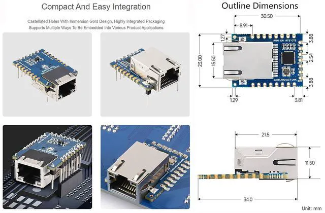 Alt view image 3 of 7 - TTL UART to Ethernet Mini Module,Support TCP Server/TCP Client/UDP Multicast/UDP