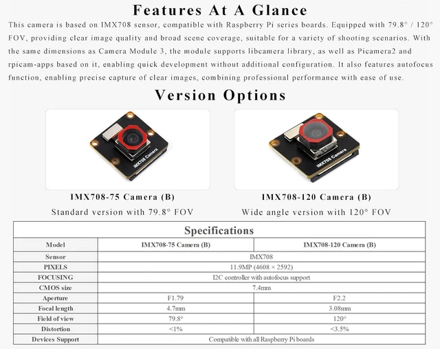 Alt view image 4 of 7 - IMX708 12MP High Resolution Autofocus Camera, 79.8°FOV