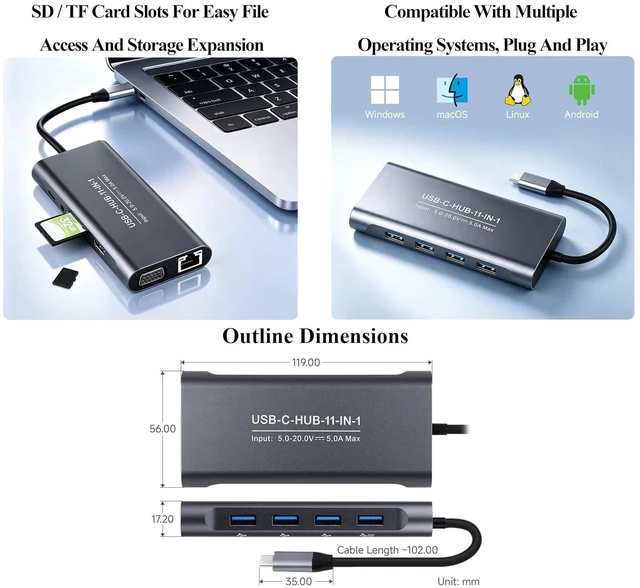 Alt view image 7 of 7 - USB-C 11-in-1 Hub, RJ45 100Mbps, 4K High Definition HDMI Port,100W PD Input