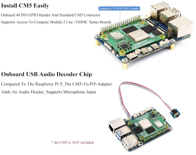 Alt view image 3 of 7 - CM5 to Pi 5 Adapter Board, Alternative Solution for Raspberry Pi 5, Onboard Audi