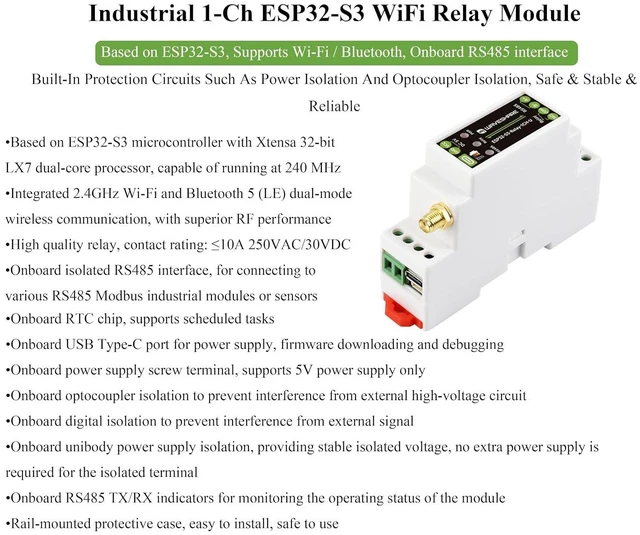 Alt view image 3 of 7 - Industrial 1-Channel ESP32-S3 Wi-Fi Relay Module, with the External Antenna