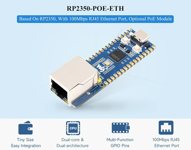 Alt view image 3 of 7 - RP2350-POE-ETH Dev Board, with PoE Module and Pre-soldered Headers