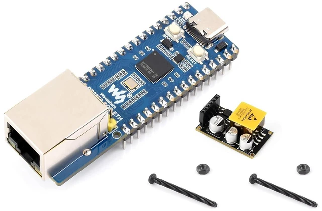Main image of RP2350-POE-ETH Dev Board, with PoE Module and Pre-soldered Headers