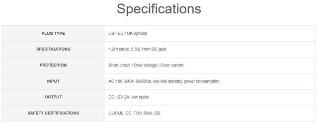 Alt view image 3 of 3 - 12V/2A Power Supply Power Adapter, DC Jack Output, 1.2m Cable, 5.5/2.1mm DC Jack