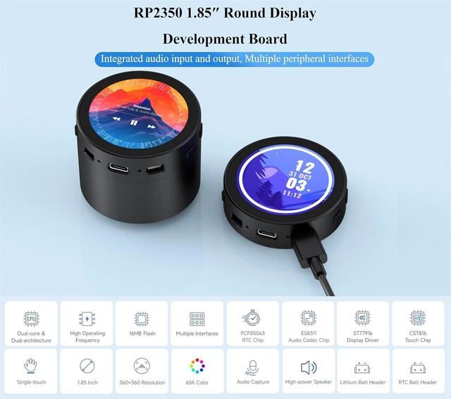 Alt view image 2 of 7 - RP2350 1.85inch Round LCD Development Board, 360×360, 65K Color, Dual-Core and D
