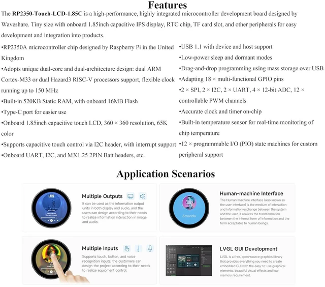 Alt view image 3 of 7 - RP2350 1.85inch Round LCD Development Board, 360×360, 65K Color, Dual-Core and D