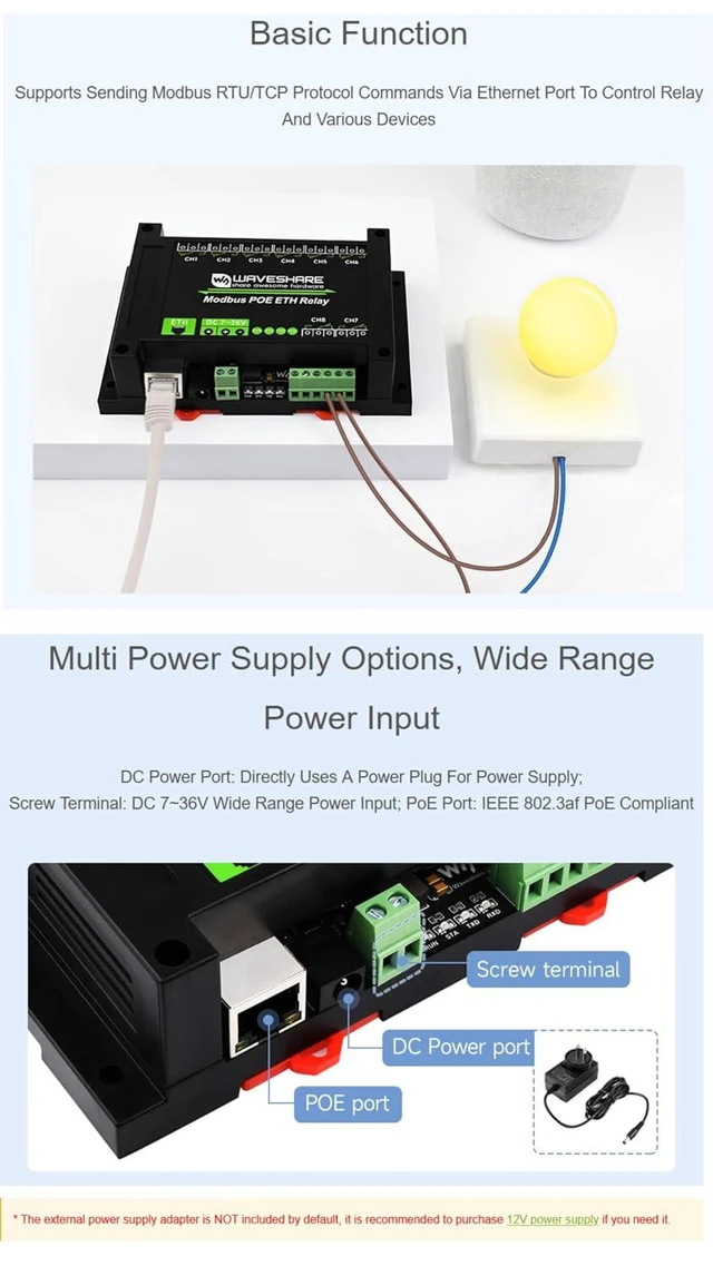 Alt view image 2 of 7 - 8-CH Ethernet Relay Module, Adopt Modbus RTU/Modbus TCP Protocol, Supports PoE P