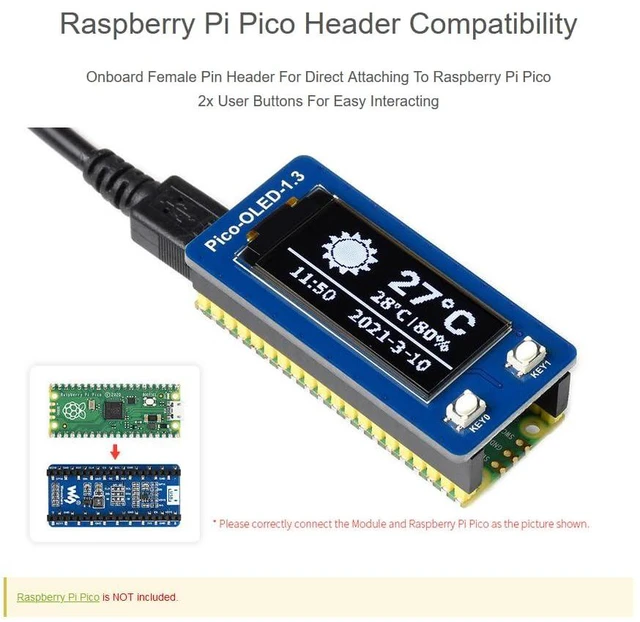 Alt view image 3 of 6 - 1.3inch OLED Display for Raspberry Pi Pico, 64×128 Pixels 4-Wire SPI and I2C Int