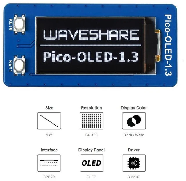 Alt view image 4 of 6 - 1.3inch OLED Display for Raspberry Pi Pico, 64×128 Pixels 4-Wire SPI and I2C Int