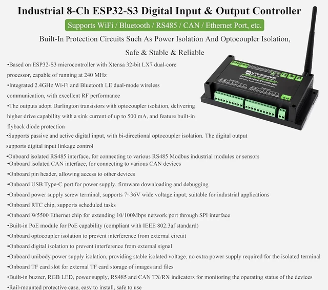Alt view image 2 of 7 - ESP32-S3 Control Board with 8-Channel Digital Input & Output, Supports WiFi/Blue