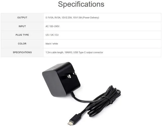 Alt view image 3 of 6 - Official Pi5 Power Supply, 27W USB Type-C Power Supply for Raspberry Pi 5, US Pl