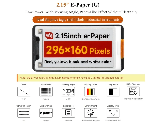 Alt view image 3 of 7 - 2.15inch E-Paper Display Compatible with Raspberry Pi 5/4B/3B+/Zero/Zero W/Zero