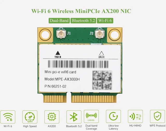 Alt view image 3 of 7 - Wireless MINIPCIE AX200 NIC, 2.4G / 5GHz Gigabit Dual-Band Wi-Fi 6, 802.11AX Sta