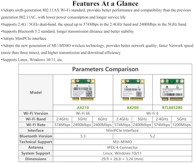 Alt view image 4 of 7 - Wireless MINIPCIE AX200 NIC, 2.4G / 5GHz Gigabit Dual-Band Wi-Fi 6, 802.11AX Sta