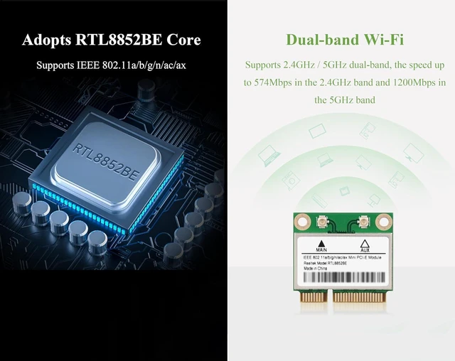 Alt view image 5 of 7 - Wireless MINIPCIE RTL8852BE NIC, Gigabit Dual-Band Wi-Fi 6, 802.11AX Standard, B