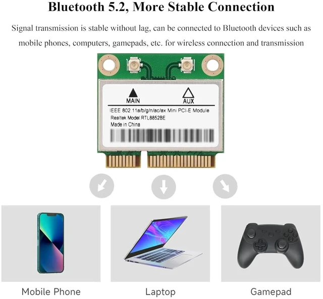 Alt view image 6 of 7 - Wireless MINIPCIE RTL8852BE NIC, Gigabit Dual-Band Wi-Fi 6, 802.11AX Standard, B
