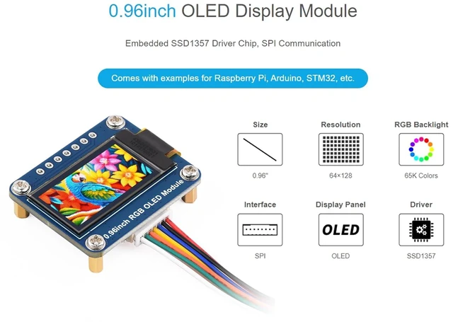 Alt view image 2 of 7 - 0.96inch RGB OLED Display Module, 64×128 Resolution 65K Colors SPI Interface Emb